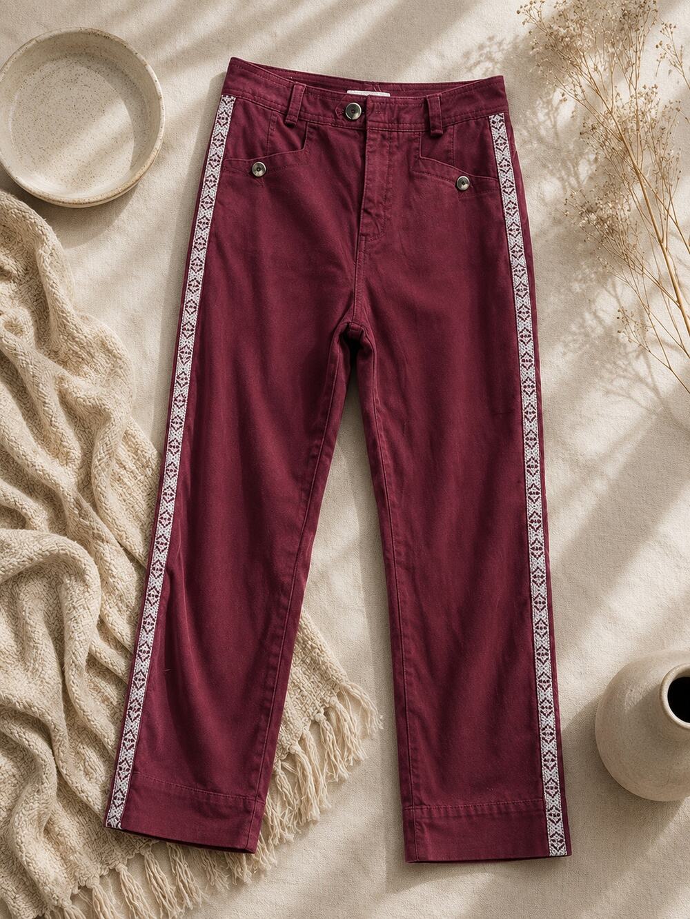 by Anthropologie Bordeaux Embroidered Side Stripe Chino Pants Boho Artisan SZ 6